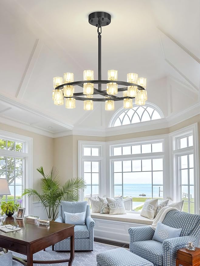 D24 Black Wagon Wheel Chandeliers Modern 24-Lights Black Round Chandelier Small Chandeliers for Dining Room,Living Room Vintage Chandelier for Foyer Hallway