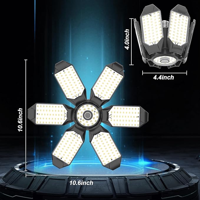 Led Garage Lights 6-Pack 200W Super Bright Ceiling Led Shop Lights, E26/E27 Base, 6500K, 22000LM Deformable Garage Light Ideal for Basement, Attic and Workshop