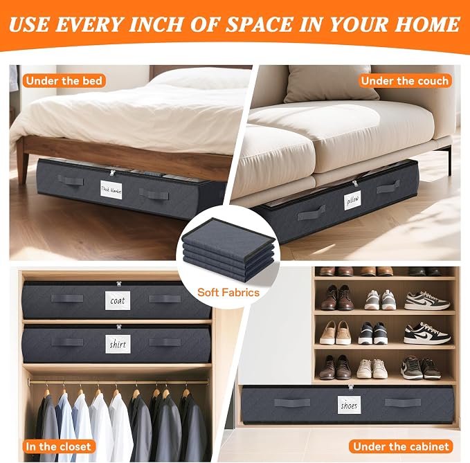 90L Under Bed Storage Containers, Storage Bags, Organizers, 4-Pack, Gray | Foldable, Soft Fabric, Closet Organizers, Reinforced Handle, Label Holder, Clear Window, for Comforters, Clothing, Blankets
