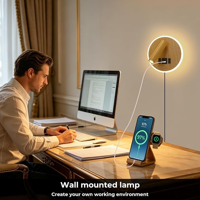 Reading Light for Bed with Plug in Wall Sconce&Hardwired Install | Wall Lamp for Bedroom with USB C+A Ports, Bedside Reading Lamp With 9W Night Light, Wood Color Reading Light Adjustable Angle
