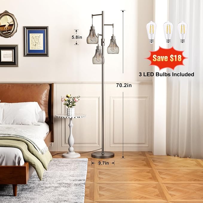 Ziisee Dimmable Floor Lamps for Living Room, Industrial Tree Standing Tall Lamps with 3 Elegant Cage Shade for Bedroom Office - Grey