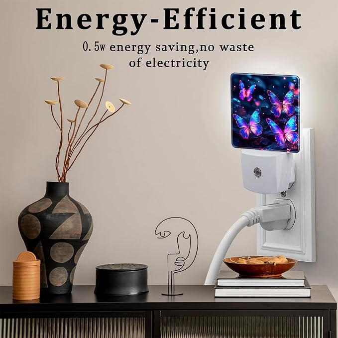 Glowing Purple Butterflies Night Light Plug into Wall, Neon Butterfly Dusk to Dawn Night Light,0.5w Energy Saving Sleep Friendly Nightlights for Kids Boys Girls Home Decor