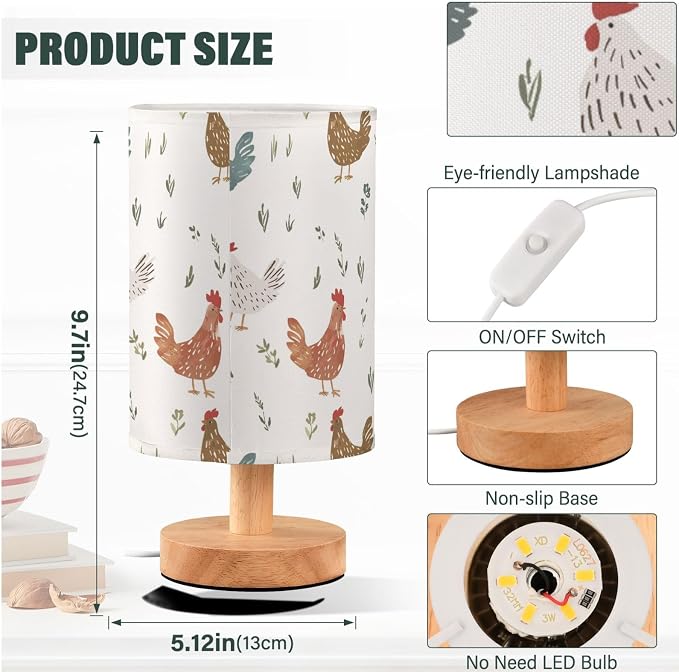 Cute&Simple Deigned Chicken Hen Bedside Table Lamps with USB Port for Bedroom Lamp Accent Table Lamp Small Nightstand Lamp Sturdy Linen Shade Wooden Base Decorative Lamps for Kids|Reading|Dorm|Home