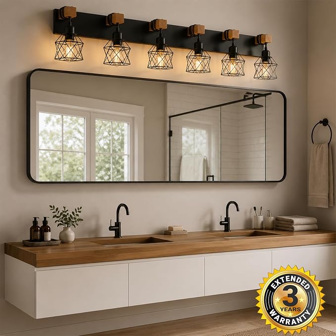 Farmhouse Vanity Light Fixture,6-Light Bathroom Lighting,Black Industrial Wood Wall Light Over Mirror with Metal Shade,LED Bulbs Not Included