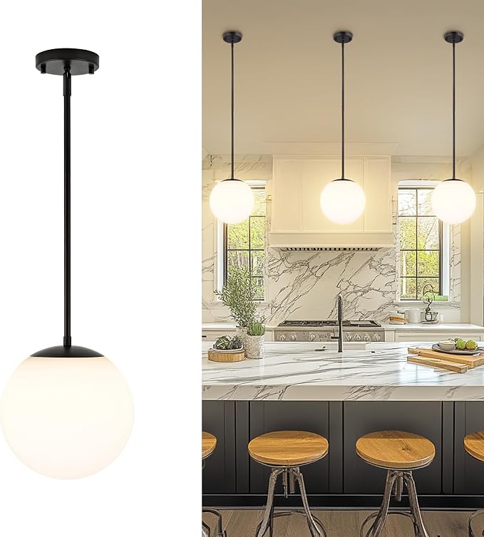 10 Inch Globe Pendant Lights, Matte Black Mid Century Kitchen Island Light Fixtures with White Globe Glass Shade, Adjustable Hanging Rod, Bar Kitchen Bedroom, LMS-186PL-BKW-10