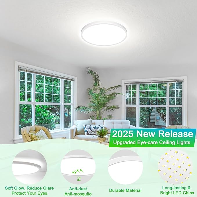 4 Packs 3200LM Flush Mount Ceiling Light Fixtures, 12in 24W Ultra Thin Dimmable LED Ceiling Lights, 2700K/3000K/4000K/5000K/6500K 5CCT Selectable Ceiling Lamp for Bedroom for Bedroom, Laundry, Hallway