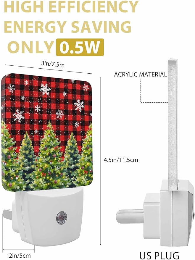 Christmas Night Lights Plug into Wall LED Night Light Christmas Tree with Bow Snowflake Red Plaid Automatic Dimmable Dusk-to-Dawn Square Shaped Smart Nightlight for Bathroom/Bedroom