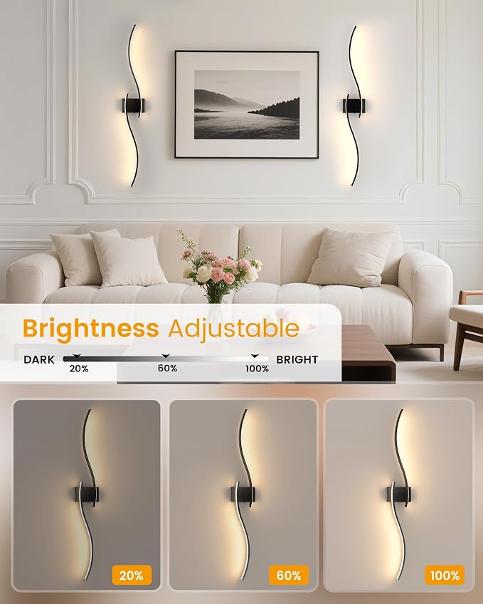 39.4 Inch Battery Operated Wall Sconce Set of 2, Black Modern Rechargeable Wall Lights with Remote, 3CCT Dimmable Wireless Wall Lamp for Living Room Bedroom Hallway