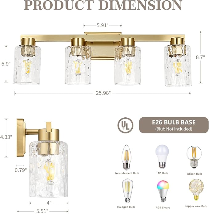4-Light Bathroom Light Fixtures with Water Ripple Glass, Gold | Vanity Lights, Modern Wall Sconces, Over Mirror for Bathroom, Powder Room, Living Room