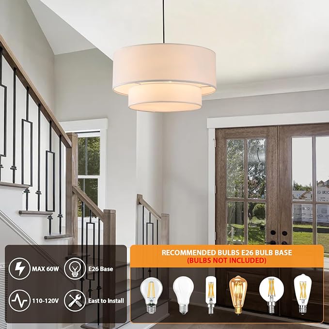 Drum Pendant Light, 18" Drum Chandelier with 2-Tier Lampshade | 3 Light Linen Pendant Light Fixture, White Lampshade, Modern Drum Light for Dining Room, Living Room, Bedroom, Kitchen