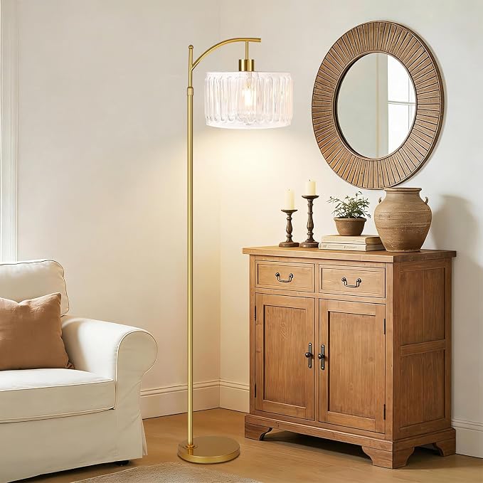 ILLMTW Glass Floor Lamp for Living Room,Bedroom,Gold Dimmable Standing Lamp with Remote,Brass White Tall Lamp Boho Mid Century Modern Floor Lamps Arc Floor Light Lamp Bohemian