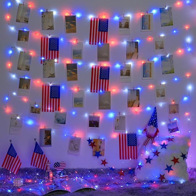 JMEXSUSS 200 LED 4th of July Fairy Lights, Red White and Blue Lights Indoor | 8 Modes with Wheel Remote Control Twinkle Patriotic Lights in for Independence Day American Flag Holiday