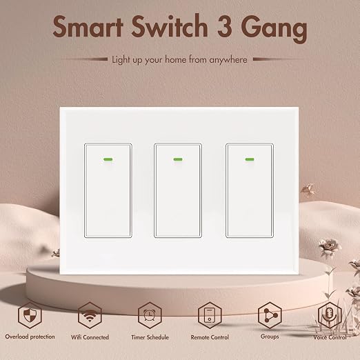 Smart Light Switch Compatible with Alexa and Google Assistant, WiFi Controlled, Schedule and Remote Access, Neutral Wire Required (3 Gang Smart Switch)
