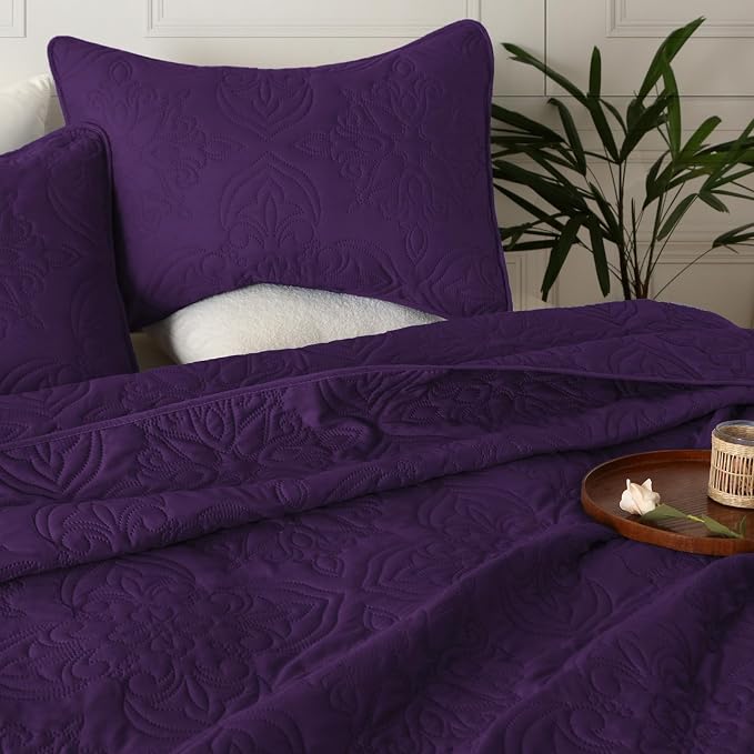 Whale Flotilla Twin Quilt Bedding Set Vintage Damask Reversible Bedspread | Suitable for Bed, 2 Pieces Purple Lightweight Breathable Quilts Twin Size, Ultrasonic Coverlet Bed Cover with 1 Pillow Sham