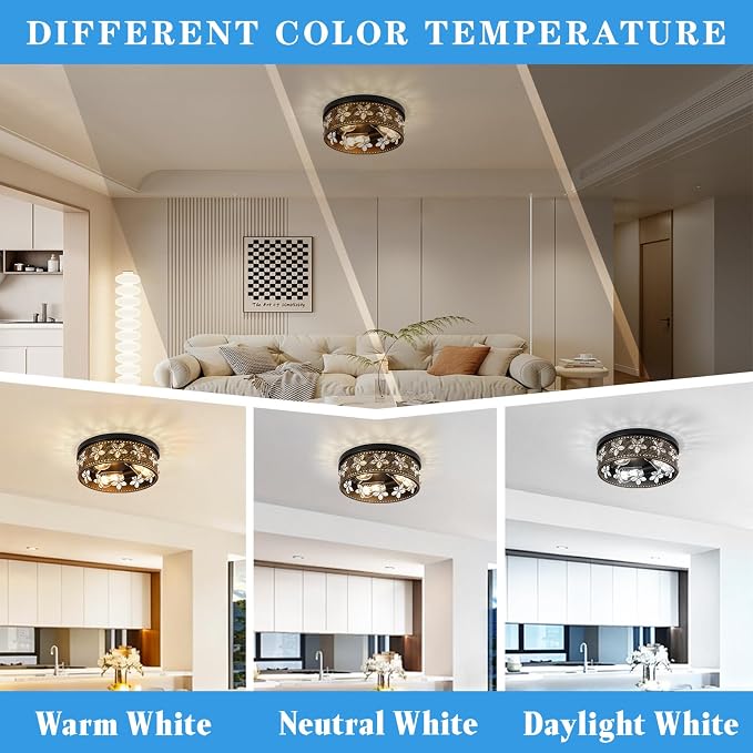 12.6 Inch Black Flush Mount Ceiling Light Fixture | 3-Light, Flower, Farmhouse, Kitchen, Dining Room, Bedroom, Living Room, Foyer, Entryway
