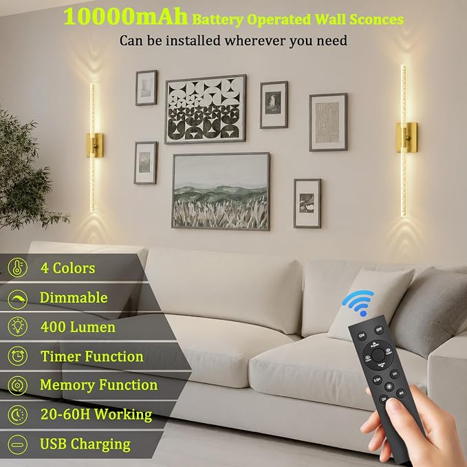 Crystal Bubble Gold Wall Sconces Set of 2, 31.5" Lamp Decor | 10000mAh Rechargeable, Wireless Lights with Remote & 360° Rotate, 4 Color Temps Dimmable, for Bedroom Living Room Mirror