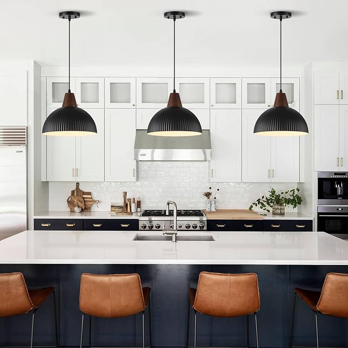 Black Pendant Lights Kitchen Island 2 Pack, 11.8" Farmhouse Pendant Lighting Metal Solid Wood Dome Hanging Light for Dining Room Bedroom Bar Sink
