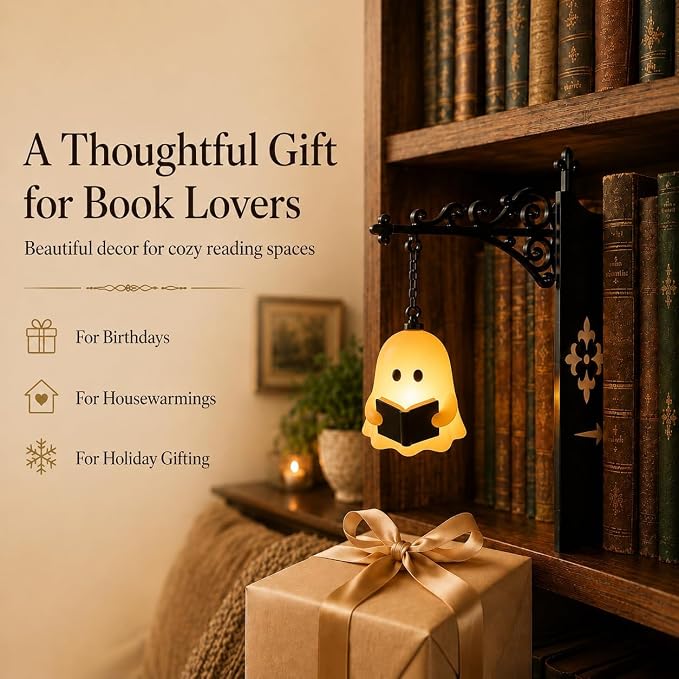 Library Lantern Bookshelf Lamp, Ghost Bookshelf Lantern with Warm LED Nightlight, Mini Nook Light for Bookshelf, Table Desk Pumpkin Luminaire, Halloween Bookshelf Decor for Book Lovers