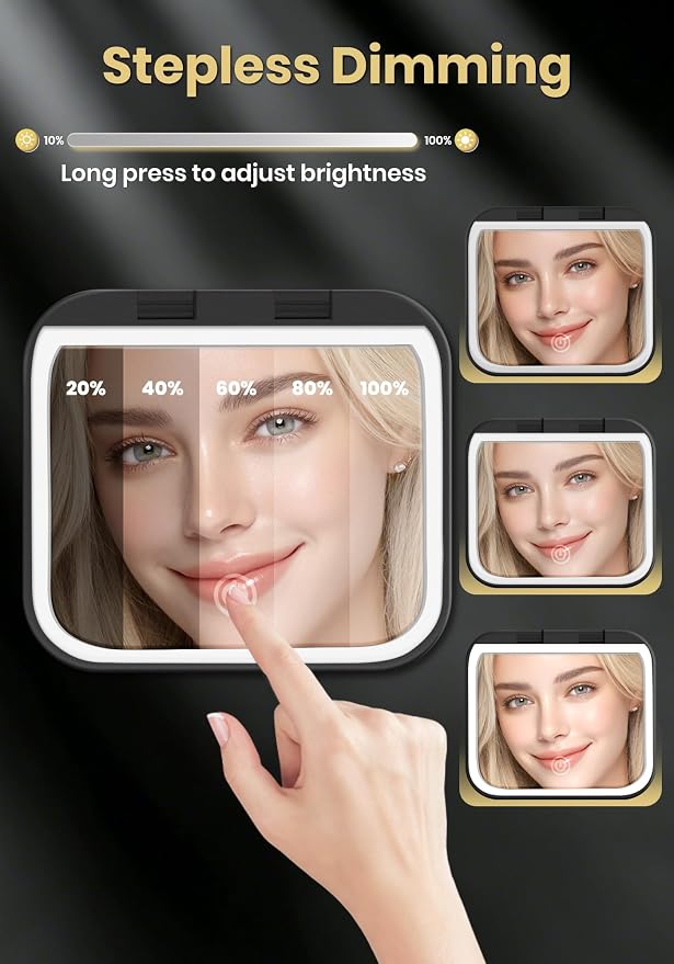 Magnifying Mirror with Light, Rechargeable 40X Compact Mirror with 3 Lighting Modes & Dimmable Brightness, Portable Travel Makeup Mirror with Light, Essentials for Travel, Pocket Purse Black