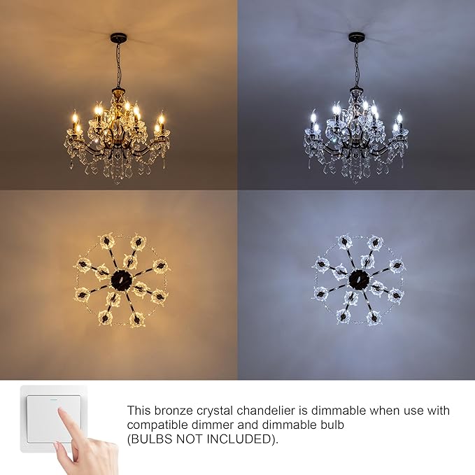 TOCHIC Vintage Chandelier for Living Room, 12 Lights Crystal Chandelier for Dining Room, 27.6" D Antique Bronze French Chandeliers Candle High Ceiling Pendant Light for Bedroom Kitchen Foyer Entryway