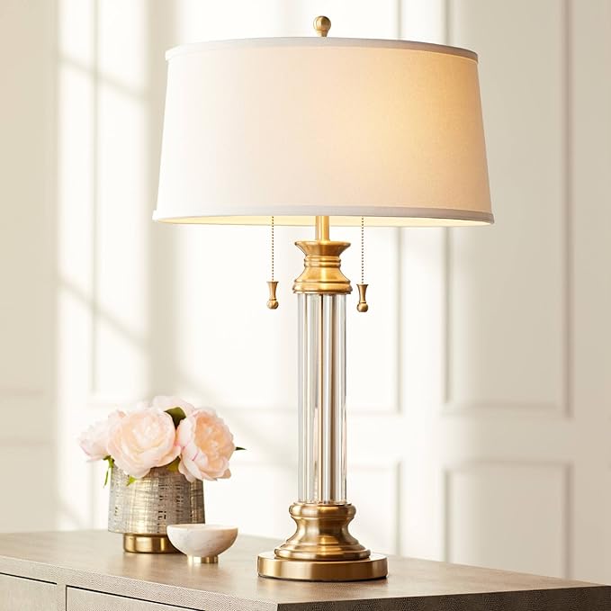 Vienna Full Spectrum Rolland Traditional Table Lamp 30" Tall Antique Brass Crystal Column Off White Tapered Drum Shade Decor for Living Room Bedroom House Bedside Nightstand Home Office Entryway