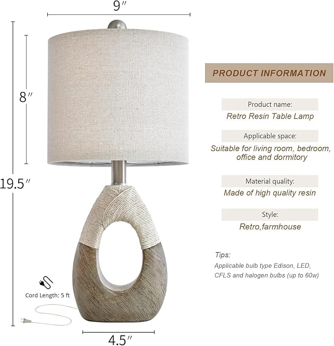 19” Boho Table Lamps Bedroom Living Room Set 2,Suitable for Small Space,Small Farmhouse RattanTable Lamp Rustic Egg Design Resin Light Decoration,Nightstand Bedside Lamps for Office Study Rest