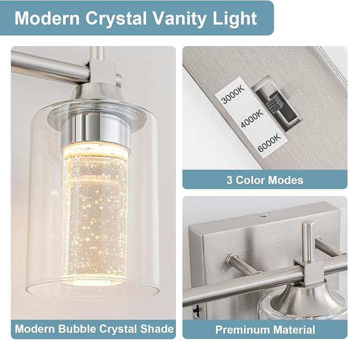 Vanity Light with 3 Color Modes (3000K/4000K/6000K), Eye Protection LED Bathroom Light Fixture, Dimmable Modern Wall Light Over Mirror with Clear Glass Shade (Brushed Nickel, 3-Light)