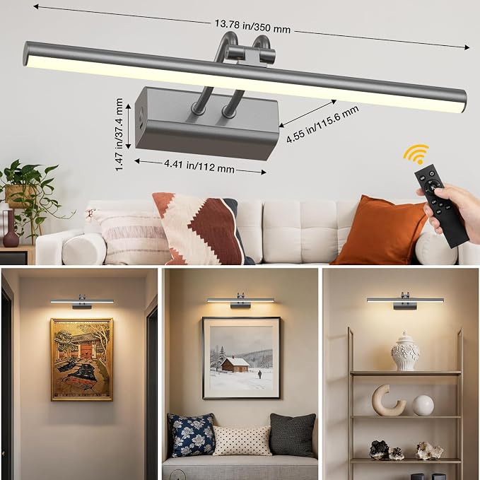Battery Operated Picture Light for Wall, Grey, 13.8", Remote Control | 4000mAh Cordless,Grey Wall Light, Magnetic for Easy to Charge,Timers, Display for Gallery Living Room Bedroom