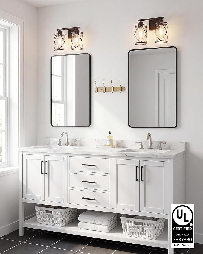 2-Light Oil Rubbed Bronze Bathroom Light Fixtures Over Mirror, 13.2" UL-Listed Modern Farmhouse Wall Sconce Lights with Clear Glass and Metal Cage for Bath, Hardwire E26, CH9176ORB-2W