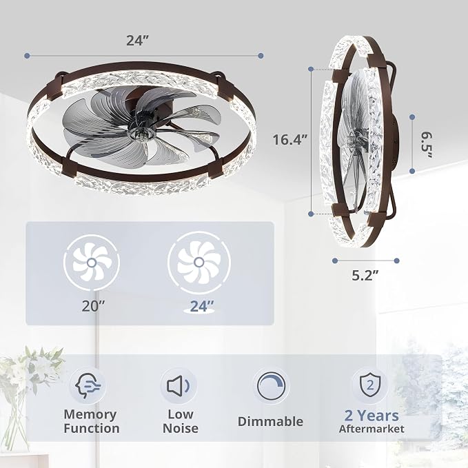 LEDIARY 2 Pack 24" Ceiling Fans with Lights and Remote, Fandelier Brown | 3CCT, 6 Speeds, Dimmable Low Profile, Flush Mount Ceiling Fan, Timer, Reversible, Memory, Bedroom, Living Room, Kitchen