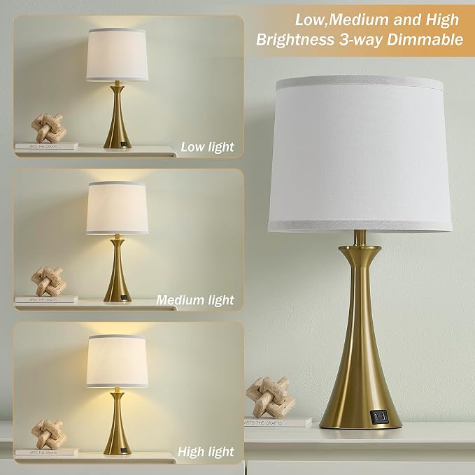 Touch Lamp for Living Room Bedroom, 21" Table Lamps Set of 2 with USB C+A Ports and White Lamp Shades, 3 Way Dimmable Gold Touch Bedside Lamps for Nightstand, 2 LED Bulbs Included