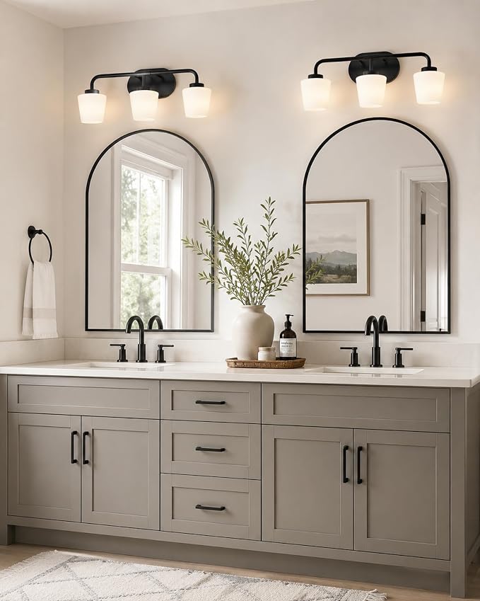 Bathroom Light Fixtures Over Mirror, 3-Light Matte Black Vanity Lighting Fixtures with Milk White Glass, Vintage Farmhouse Wall Sconces Lighting, AD-22004-3W-BK