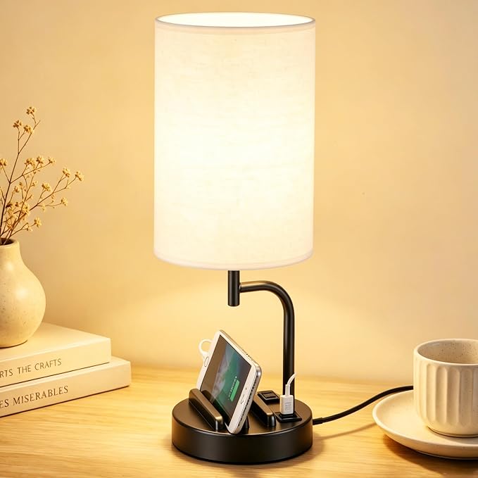 Dreamholder Touch Control USB Table Lamp with USB C/A & AC Outlet, 3-Way Dimmable Bedside Lamp, Modern Nightstand Lamps for Bedroom Living Room Guest Room Office, Bulb Included, Black