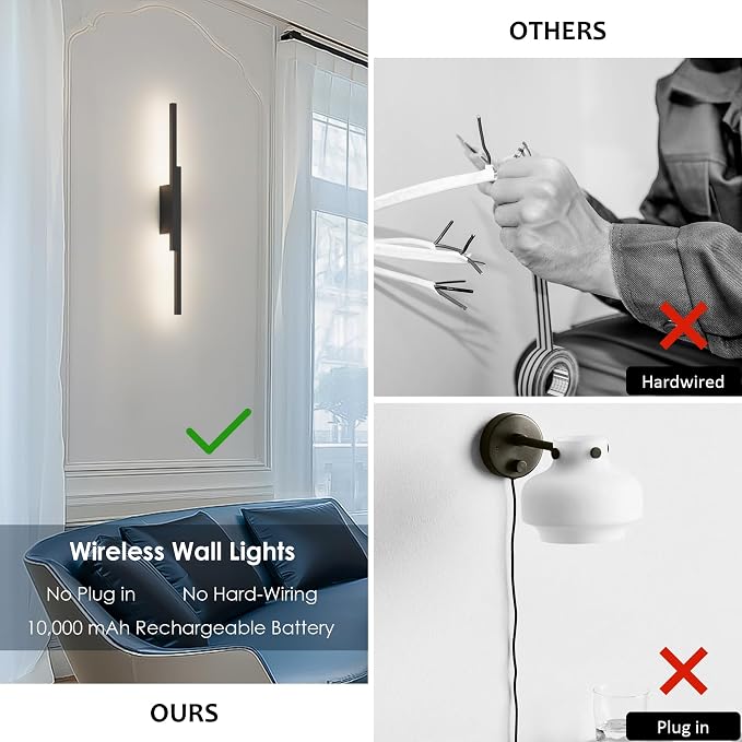 Aipsun Black Wall Sconces Set of Two Battery Operated Wall Sconces 3000K-6000K Dimmable LED Wireless Wall Lights for Living Room,Bedroom,10,000mAh,23.6Inch (2 Pack)