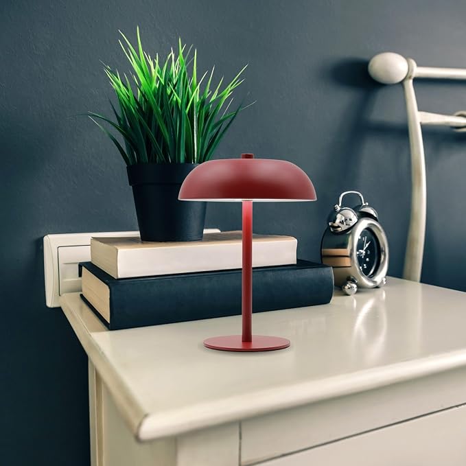 Cordless LED Mushroom Table Lamp, 5200mAh Battery, Dimmable 3 Color, Red | Small, 8.46in, Portable, Easy to Assemble, Metal structure, Rechargeable, Suitable for bedroom, café, and bar counter.