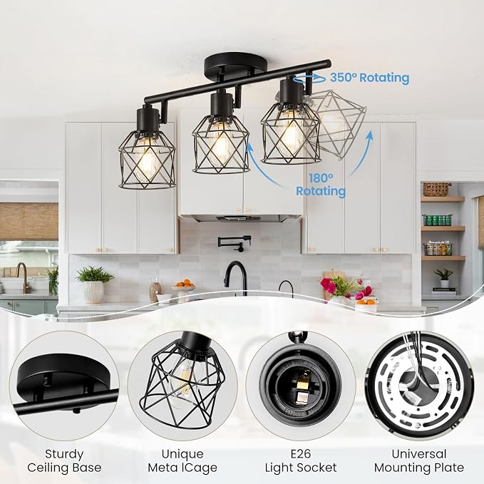 3-Light Kitchen Track Lighting, Island Lights, Farmhouse Ceiling Light | Adjustable Light Heads Rotate To Direct Light Where Needed, With Standard E26 Base For Kitchen Hallway Dining Room