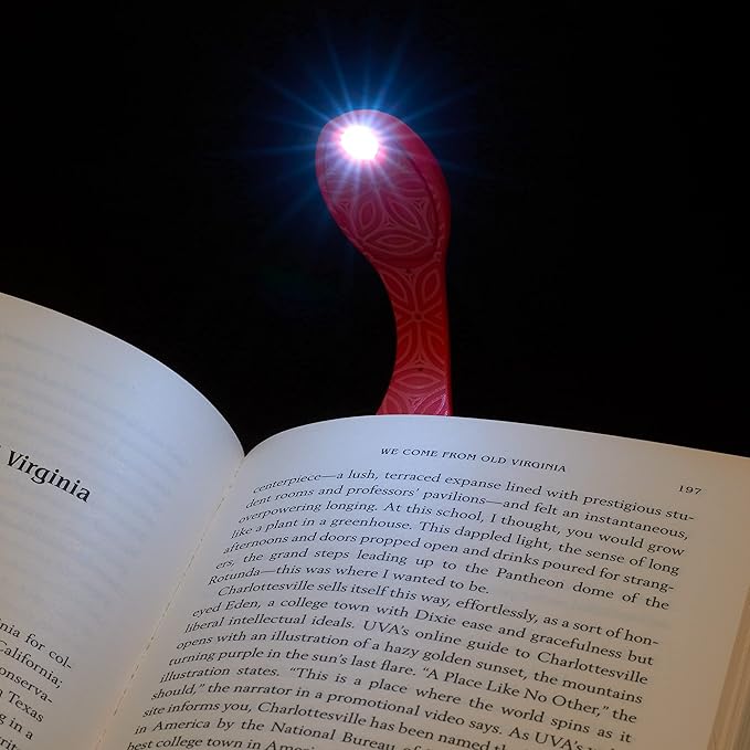 Gifts for Readers & Writers Book Light, Clip On Reading Light for Bed, 2in1 Flexilight & Bookmark, Small & Lightweight with a Soft Glow, 2 Batteries Included, Red