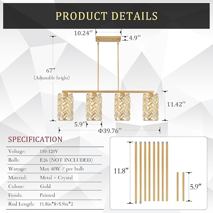 CATINER 40" Gold Crystal Linear Chandelier, 4-Light Kitchen Island Pendant | 40-inch gold crystal linear chandelier with adjustable height, 4 E26 lights, dimmable for kitchen islands and dining rooms