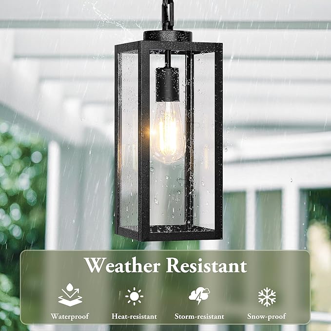 15” Large Outdoor Pendant Light, Modern Hanging Lantern, Black | Hanging Height Adjustable, Waterproof, Rust-Resistant, Durable Metal & Clear Glass, Standard E26 Sockets, Easy to Install