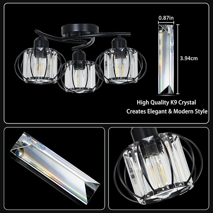 PAUFUL 3-Light Crystal Semi Flush Mount Ceiling Light,Black Modern Close to Ceiling Light Fixtures,Kitchen Light Fixtures with Clear Crystal Shade,Hallway Light Fixtures for Hallway Bedroom Bathroom