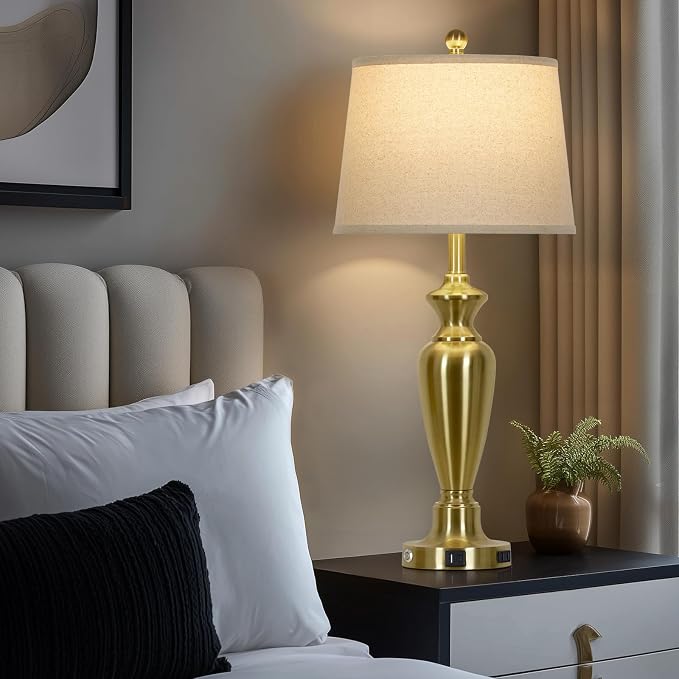 Cinyirong 30" Tall Gold Table Lamp for Living Room, 3-Way Dimmable Touch Control Bedside Lamp for Bedroom Nightstand with USB A+C Ports & AC Outlet (1 Pack)