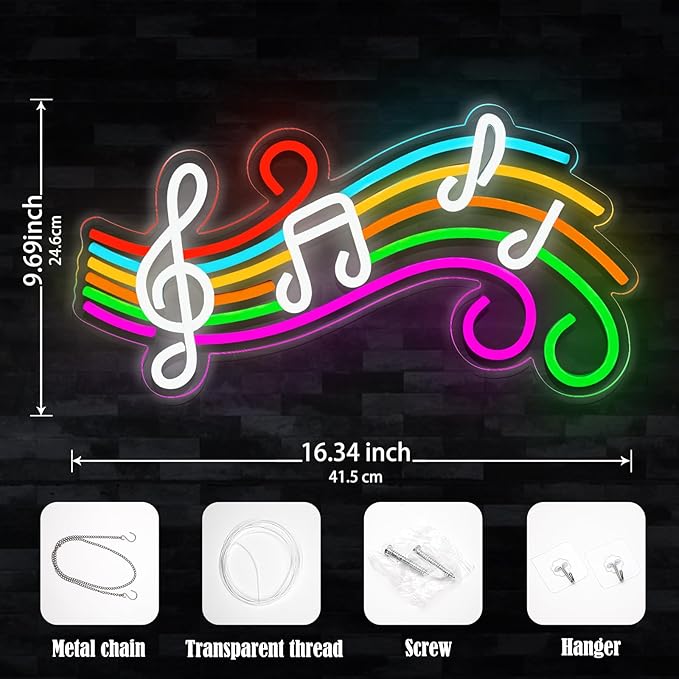Music Neon Sign Dimmable Musical Note Staff LED Music Neon Light for Bedroom Wall Decor Music Studio Party Birthday Christmas Gifts Kids