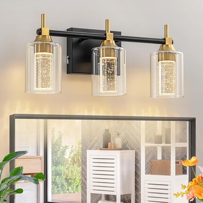 Vanity Light with 3 Color Modes (3000K/4000K/6000K), Eye Protection LED Bathroom Light Fixture, Dimmable Modern Wall Light Over Mirror with Clear Glass Shade (Black and Gold, 3-Light)