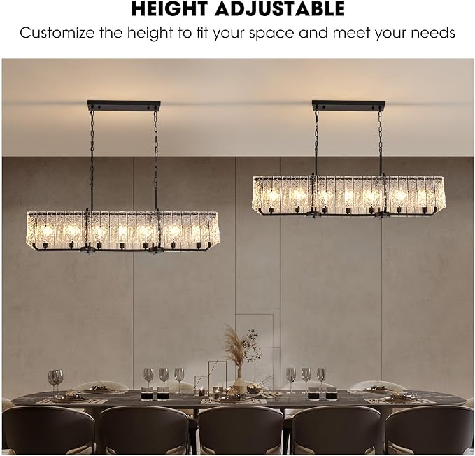 CROSSIO Rectangle Black Crystal Chandeliers for Dining Room, 47inch Large Rectangular Water Ripple Glass Island Light Fixture, Luxury Rectangular Chandelier for Kitchen Island Living Room