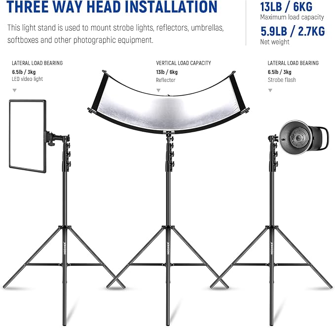 NEEWER 13ft/400cm Air Cushioned Light Stand, Heavy Duty Metal Photography Tripod Stand with 1/4” to 3/8” Reversible Screw Adapter and 3 Way Mounting Interface, Load Capacity: 6.5lb/3kg, ST-400AC | Photography Tripod Stand, 1/4" to 3/8" Reversible Spigo...