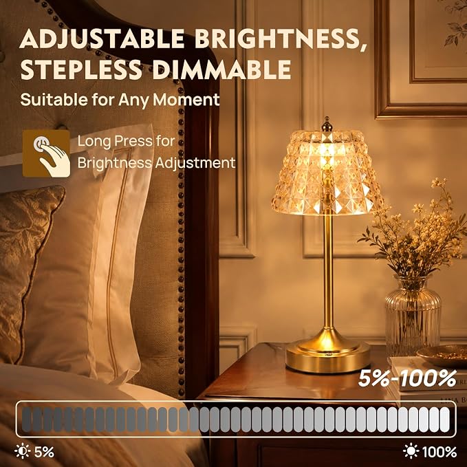 Flower Battery Operated Rechargeable Lamp Cordless, Rhombic, Amber | Small, Vintage, Gold, Wireless, LED, Dimmable, Table, Home Decor, Bedroom, Bedside, Nightstand, Birthday Gifts for Women
