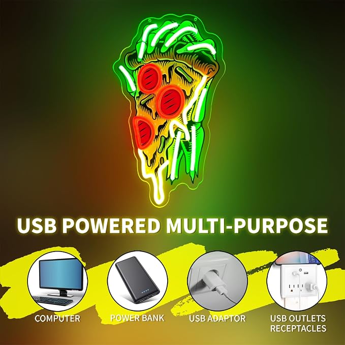 Pizza Neon Sign for Wall Decor Dimmable Pizza LED Neon Light USB Powered LED Wall Art for Kitchen, Dining Room, Bar, Man Cave, Unique Home Decor and Gift for Pizza Lovers