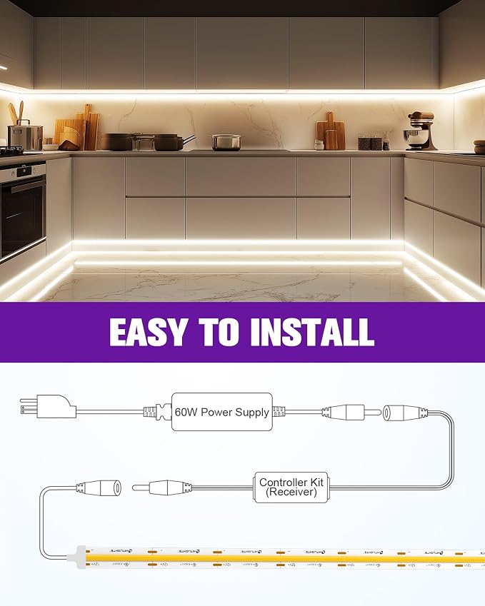 HitLights White COB LED Strip Lights Kit 4000K with Remote, 16.4ft 12V | UL Listed, Dimmable Tape Light with Power Supply, 2640 LEDs, 426 lm/ft, CRI 90+, Rope Lighting for Kitchen Cabinet Room