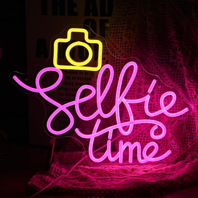 Selfie Time Neon Sign LED Yellow Camera Pink Neon Light For Wall Decor Dimmable USB Powered Light Up Sign for Photographic Studio Bedroom Photography Lover Room Party Gifts (16.7 * 12.8In)