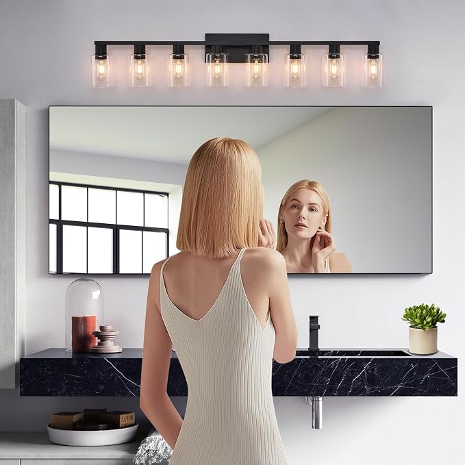 8 Light Bathroom Vanity Light Black Vanity Light Fixtures Bathroom Lights Fixtures Over Mirror Large Wall Lights with Clear Glass Shade for Bedroom Living Room Makeup